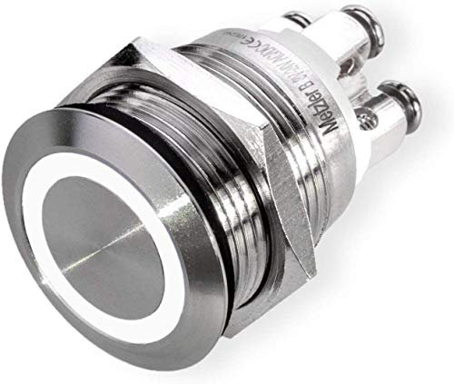 Drucktaster Klingeltaster LED-Taster Einbau 19mm Edelstahl V2A mit LED Ringbeleuchtung flach wasserdicht Schraubkontakte AC/DC mit LED Weiß