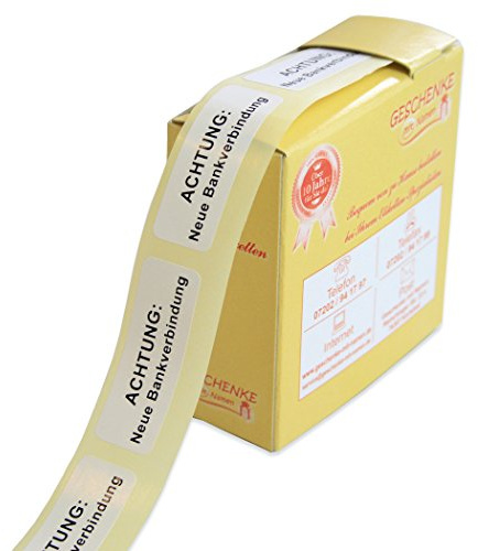 Geschenke mit Namen 1488 300 Etiketten Achtung: neue Bankverbindung, Schwarze Schrift auf weißem Grund auf der Rolle im praktischen Spender, je circa 51 x 19 mm, weiß