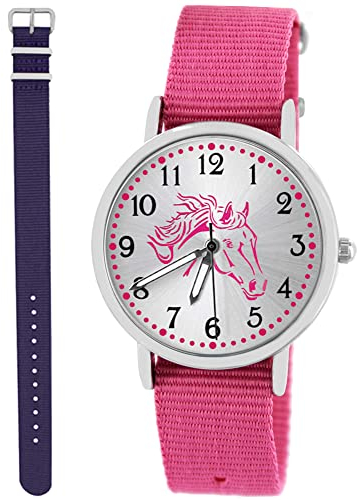 Pacific Time Mädchen Armbanduhr Uhr Pferd Pferdemotiv analog Quarz 2 Textilarmband Rosa violett 10027