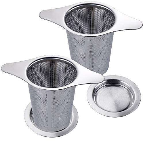 Anpro 2PCS Filtre à Thé Trou Fin Acier Inoxydable Infuseur à Thé Passoire à Thé avec Deux Languettes Et Couvercle pour Mug Tasse Théière- 6cm x 7.5cm