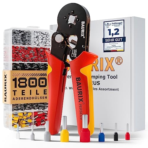 BAURIX® Pinza Crimpatrice con 1800 Puntalini Elettrici 0,25-10mm², Crimpatrice Autoregolante per Filo Elettrico, Pinza Crimpatrice Automatica, Pinza Elettricista - Modello:PERSEUS (4 Bordi)