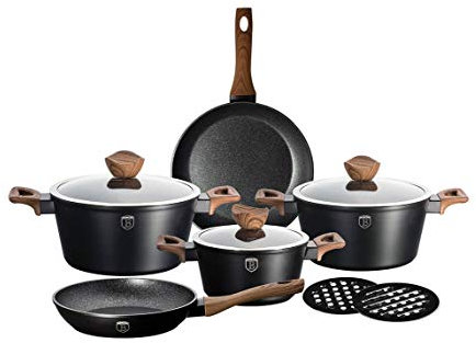 10 TLG. oder 17 TLG. Kochtopfset Induktion Pfannen-Set Topf-Set Aluguss Töpfe Antihaftbeschichtung Marmor Kochtopf Set Ertex (10. TLG Holzlook