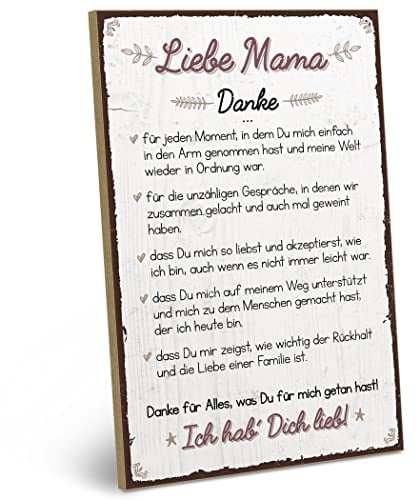 ARTFAVES® Wandbild Holzschild mit Spruch - DANKE liebe MAMA - Türschild Retro Vintage Deko Bild Geschenk - Muttertag