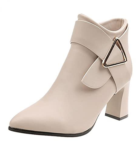 Stivali Donna Cerniera Decorazione in Metallo Solido Scarpe con Tacco Quadrato Party (39,Beige)