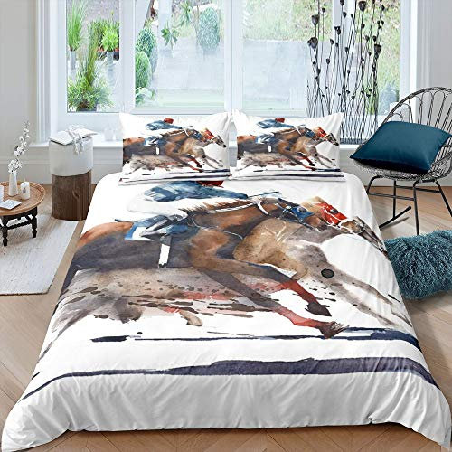 Laufender Reiter Bettwäsche-Set Kunstmalerei Bettwäsche Set 155x220cm Aufregendes Pferderennen Betten Set für Kinder Jungen Mädchen Teenager 2St.Reißverschluss Mikrofaser