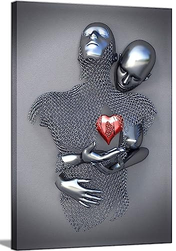 Wanddekoration für Schlafzimmer, gerahmt, romantisches Paar, Wohnzimmer, Leinwand, Wandkunst, Liebesherz, 3D-Metallskulptur-Effekt, schwarz und weiß, modern, abstrakt, Umarmung, Liebhaber, Gemälde,