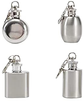 1 oz (28ml) Mini Stainless Steel Hip Flask with Different Shapes and Keychains for Booze Lovers,Set of 4，Random