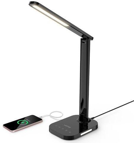 LASTAR Schreibtischlampe Dimmbare 12W LED-Nachttischlampe mit USB-Ladeanschluss, 5 Farbmodi, 5 Helligkeitsstufen, 1-Timer, Nachtlicht, Memory-Funktion, Tischlampe (Netzteil im Lieferumfang