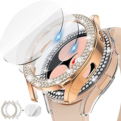 Kamita [2+2Pièces] Coque à Paillettes pour Samsung Galaxy Watch FE/Watch 4 40mm, 2 Diamant PC Bumper Case+2 Verre Trempé Protecteur d'écran, Housse de Protection pour Galaxy Watch4 (Clair+Or Rose)