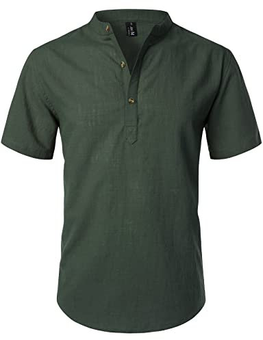 LucMatton Men's Casual Cotton Linen Short Sleeve Henley Shirt Summer Lightweight Banded Collar Beach Tops Olive Green 3X-Large