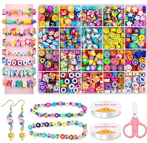 403 Stück Perlen zum Auffädeln, 120+Muster Polymer Clay Beads Weiche Topfperlen mit Obst Fruchte Tieren Süssigkeit Regenbogen Liebe Stern für Schmuck Basteln Geschenk für Kinder