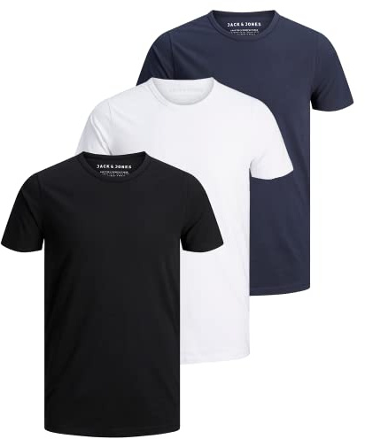 JACK & JONES Herren T-Shirt Slim Fit 3er Pack Rundhals Kurzarm O-Neck Schwarz, Weiß, Grau, Blau,