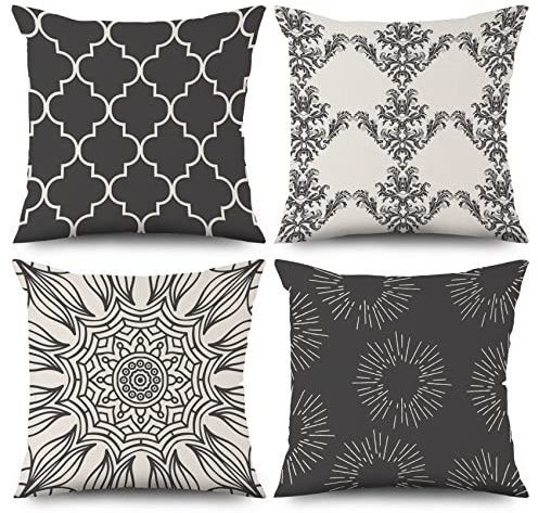 ASDCXZ Boho Kissenbezug 50x50 cm 4er Set, Retro Datura Blume Muster Schwarz Beige Sofa Dekokissen Kissenbezüge Kissenhülle Waschbar Polyester Flachs Textil Polster Kopfkissenbezug Kissen Bezug