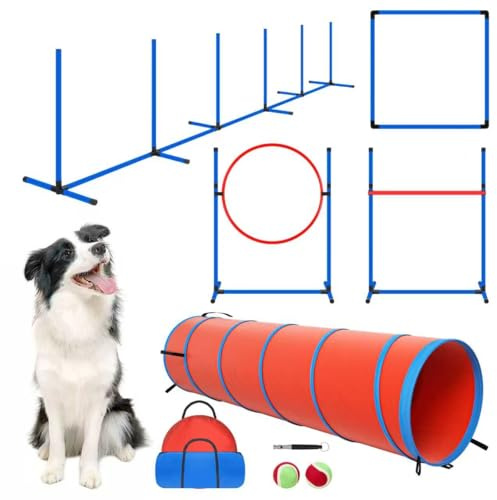 Dog Agility Equipment, Dog Agility Course Backyard Set Obstacle Course Backyard Includes Adjustable High Hurdle,6 Weave Poles,Extended Tunnel,Jump Ring,Square Pause Box,2 Balls,Whistle,2 Carrying Bags