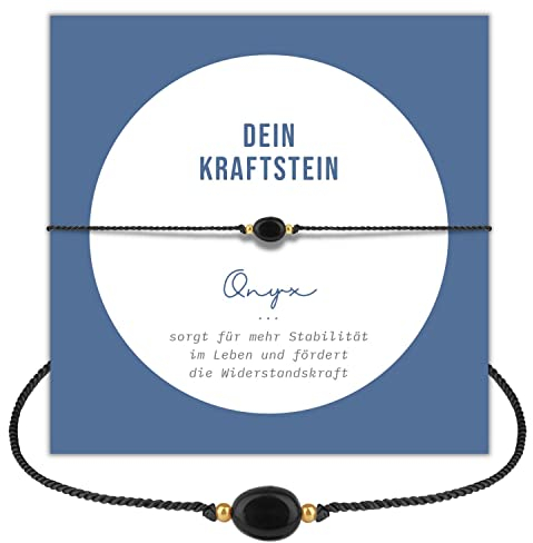 happymaker - Armband Damen schwarz mit Onyx Edelstein, Geburtsstein Juli, handgemacht Heilstein Armband mit Messingperlen 18k vergoldet, Geschenkverpackung als Mutmacher Geschenk