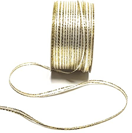 s.dekoda Satinband 50m x 3mm Cremeweiß - Gold Weihnachtsband Schleifenband Dekoband Geschenkband [1371]