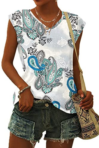WNEEDU Women Tops Summer T-Shirts for Women UK V Neck Cap Sleeve Ladies Summer Tank Tops Blouses Floral White Green XXL