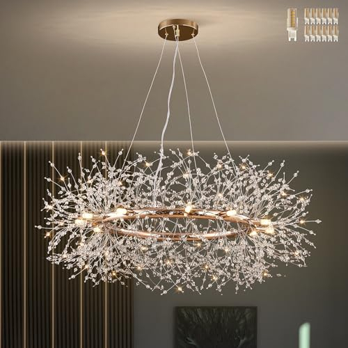Araña de Cristal Moderna Araña de Oro, 12 Luces Araña de Techo Redonda Grande de Oro para Comedor, Sala de Estar, Cocina, Pasillo - (Diametro: 100cm)
