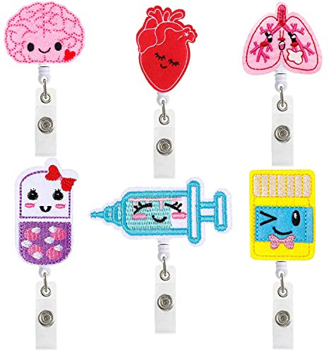 DYKJGSGO Porta Badge Infermiere, Porta Badge Retrattile, 6 Pezzi Porta Badge in Feltro con Cordino Estensibile, Retrattile Bobina Clip ID Badge Simpatico per Infermieri Volontari Medici (A)
