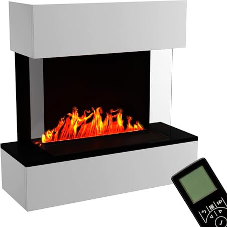 GLOW FIRE Wasserdampf Kamin HÖLDERLIN Sims (Wandkamin) - Elektrokamin für die Wand mit realistischen LED 3D-Flammen, Knistereffekt & Fernbedienung, 80x78x40 cm, Opti-Myst 500, Weiß