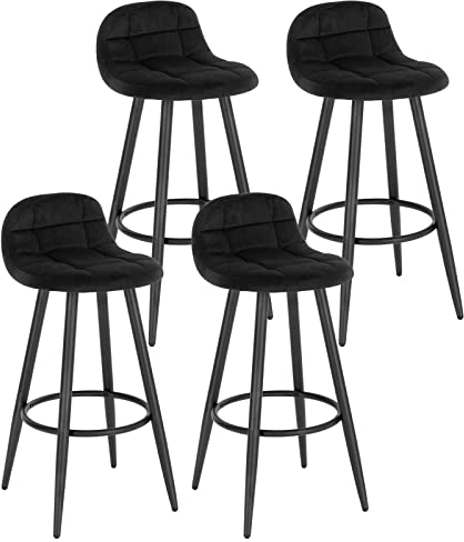WOLTU Lot de 4 Tabourets de Bar Modernes, Chaises de Cuisine Hautes avec Dossier, Repose-Pieds et Assise Rembourrée, en Velours et Métal, Hauteur d'Assise 70 cm, Noir BH364sz-4