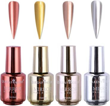 Mirror Effect Nail Polish Set 8ml Long Lasting Gorgeous Glossy Chrome Nail Polish Sets Metallic Finish Manicure Nail Art 4 Colours