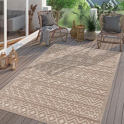 TT Home In-& Outdoor Teppich Wetterfest Balkon Küche Wohnzimmer Boho Skandi Design, Farbe:Hellcreme Beige, Größe:240x340 cm