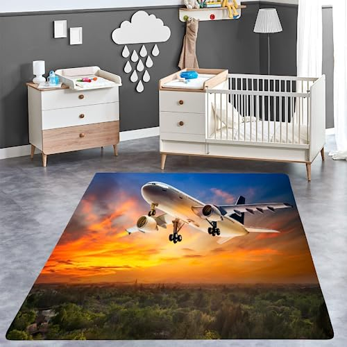 ITOMEN Teppich Schlafzimmer Verkehrsflugzeug Kinderteppich Dekoration Carpets Flugzeug Teenager Kurzflor Flanell Teppiche rutschfeste Spielteppiche für Schlafzimmer Wohnzimmer 80x120 cm