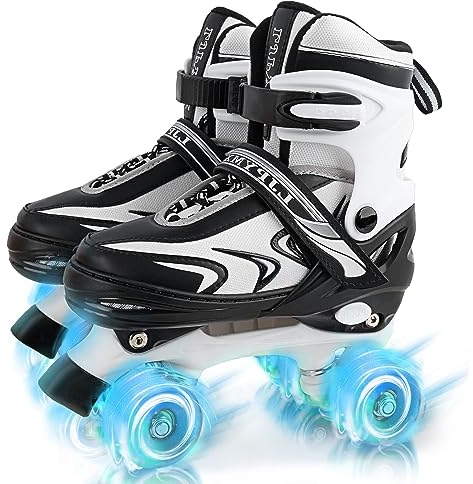Pattini a rotelle regolabili per ragazzi, ragazze, bambini, principianti, pattini a rotelle di 4 dimensioni regolabili per bambini, ragazzi e bambini con ruote illuminate (Large, Nero Bianco)