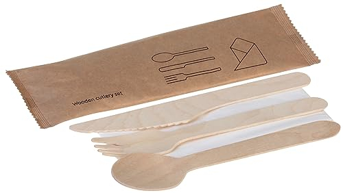 DeinPack 1000 juegos de cubiertos de 4 piezas | 4000 piezas | cubiertos desechables de madera, biodegradables, sin plástico, tenedor, cuchillo, cuchara, servilleta, embalaje higiénico