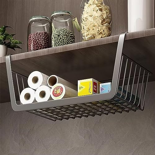 Tielag Under Shelf Storage Basket, Under Shelf Hanging Metal Wire Storage Basket, Hanging Cabinet Storage Basket Organizer for Kitchen, Office, Pantry, Bathroom, Cabinet, Grey, 1 Pack