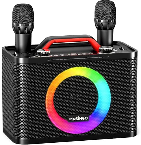 MASINGO Nueva máquina de karaoke para adultos y niños con 2 micrófonos inalámbricos, altavoz portátil Bluetooth, luces LED coloridas, sistema PA y cable de TV. Sonoro G5