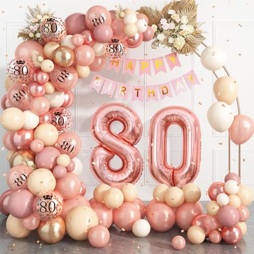 Rose Gold 80th Birthday Balloon Arch Kit With Happy 80th Number 80 Foil Balloons, Women's Birthday Banner