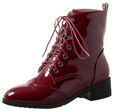 Gicoiz Vernice Military Donna Cordoncino Brogue Stivaletti Appuntito Classico Combat Biker Block Tacco Medio Stivali Warm Stivaletti Invernali Vino Rosso Numero 36 EU