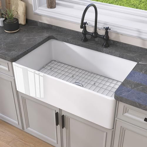 GETPRO Fregadero de cocina blanco estilo casa de campo de 30 pulgadas, delantal de arcilla refractaria, fregadero frontal de granja, fregadero de cocina reversible estilo casa de granjero con