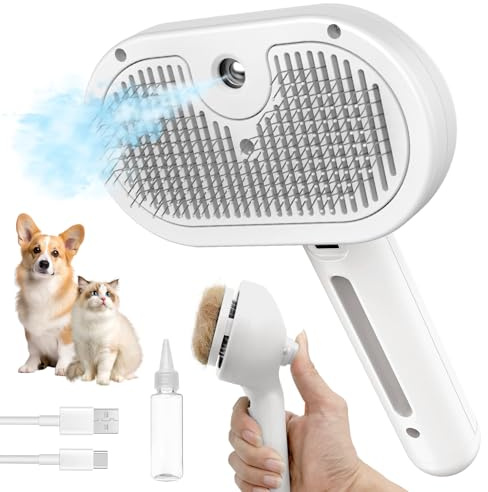 HeroKitty Hundebürste zum Ausfallen, 3-in-1, selbstreinigende Dampf-Hundebürste, antistatisch, Katzen-Dampfbürste, Kamm zum Entfernen von Freigabe, Fellpflege-Werkzeug für lange und kurze Haare, Weiß