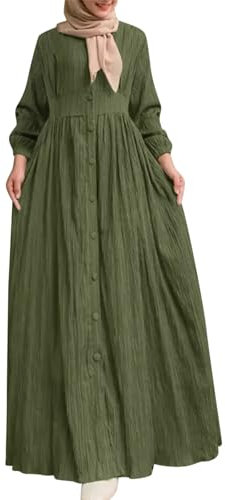 Bluelucon Gebetskleidung für Frauen,Eleganter langärmliges plissiertes Kaftan Krepp Ballonärmel Abaya Kleid einfarbig Knöpfe abaya für Damen,Islamischer Naher Osten Dubai Türkei Maxi Grün,L