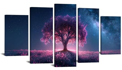 JOSUE Set 5 Quadro Albero Della Vita Red Tree Vista Lago Quadri Su Tela,Rosso Quadro Per Soggiorno Capezzale Camera Da Letto Ufficio-100x200cm Incorniciato