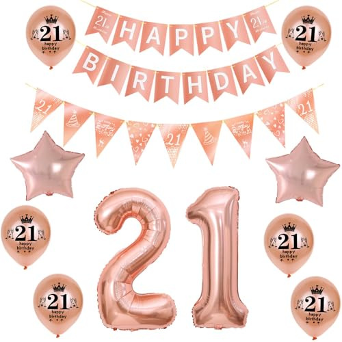 Deko 21. Geburtstag Frauen dekoration,Rosegold Banner Happy 21th Birthday Girlande, 21.Geburtstag Triangle Flag,Folienballon 21 jahre Frau Geburtstagsdeko,21. Party Deko für Frauen
