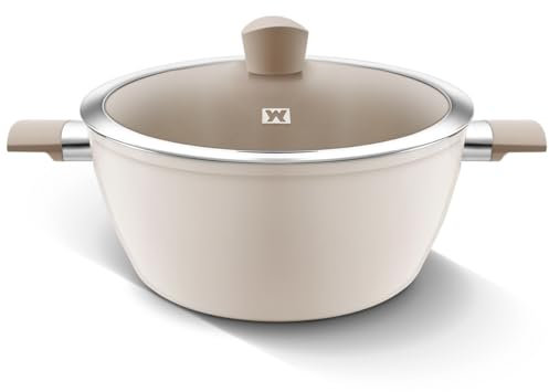 WAGENSTEIGER Large Size Aluminum Stock Pot with 7-Layered Ceramic Coating, Non-Stick Surface, Bakelite Stay-Cool Handles,Tempered Glass, Family Meal, Deep Design, 9.95Liter / 10.51Quarts