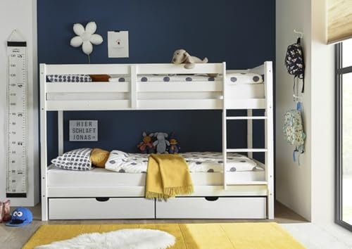 möbelando Etagenbett >Moritz/Eddie< mit 2er-Schubkasten, 2 in 1 ? Doppelhochbett oder einzeln stellbar, Kiefer Massivholz Weiss - 207x140x97cm (BxHxT)