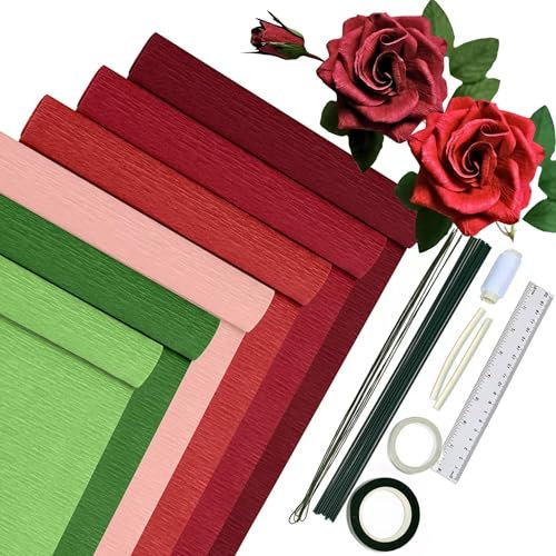 Krepppapier 6er Set Bunt,6 Rollen 25 x200cm Krepppapier Rosatöne mit 15 Blumendraht Grün,Floristenband,Doppelseitiges Klebeband,Lineal,Nähgarn,Krepppapier Blumen Basteln(Rosen Serie)
