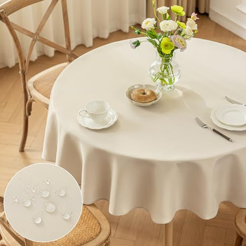 Moonooda Tischdecke Rund Beige, Φ140cm Tischdecken Waschbar Tischtuch aus Polyester, Leicht wasserabweisend mit Lotuseffekt, Dauerhaft Kratzfest für Haus, Hochzeiten, Party