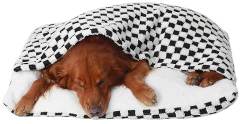 Beruhigend Hundeschlafsack, Hundebett Orthopädisch mit Dach, Flauschig Katzenkörbchen Waschbar mit Kapuze, Abnehmbar und Waschbar Katzenschlafsack Hundekorb für Kleine Mittelgroße Hunde(Square Grid,60