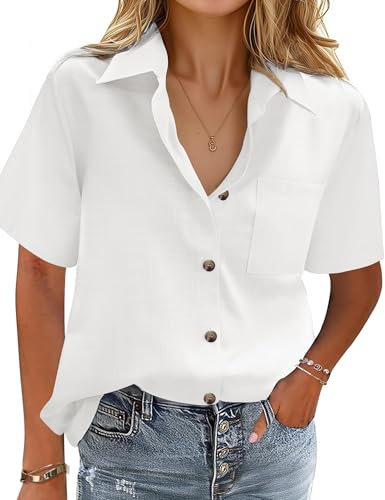 Zeagoo Women's Blouses 100% Cotton Short Sleeve Shirts Button Down Casual Blouse for Ladies White M