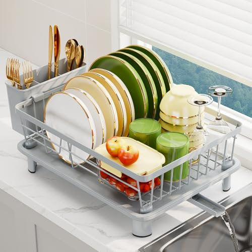 GHERISN Dish Drainer Rack with Drip Tray, Sink Dish Drainer with Drainage Spout, Stainless Steel Dish Drying Rack with Cups, Utensil & Cutting Board Holders for Kitchen Counter Space-Saving, Grey