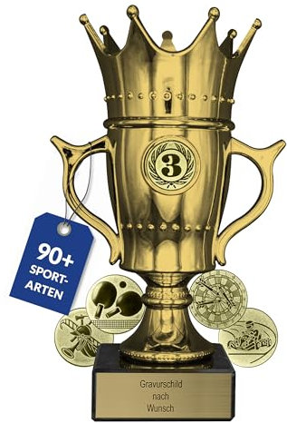pokal-fabrik.de - Pokal mit Gravur Wunschtext in Gold mit Krone, 21,5 cm groß - personalisierte Auszeichnung & Sport Emblem nach Wahl - inkl. Marmorsockel - Geschenk-Trophäe | Pokal Kinder
