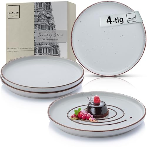 Sänger Bombay Stone | Dessertteller 4 teilig, Steingut Frühstücksteller 4 Personen, Kuchenteller kleine Teller spülmaschinenfest mikrowellenfest, Steingut Geschirr grau | VALUE COLLECTON