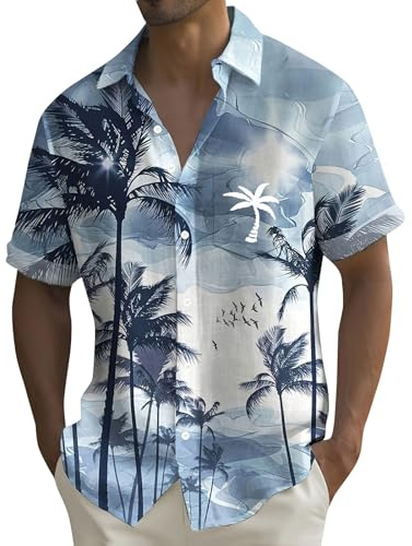 Mens Hawaiian T Shirt Coconut Tree Print T-Shirts Tropical Shirts with Pockets Summer Button Down Short Sleeve Tops