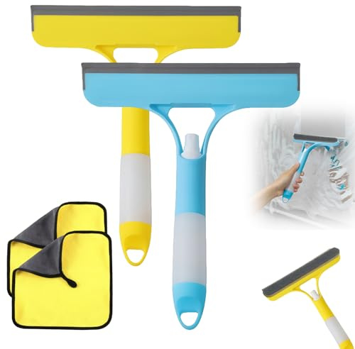 2Pcs 3 in 1 Window Cleaning Scraper Set with 2 Microfiber Towels Streak-Free Glass Wiper for Home Kitchen Bathroom Car